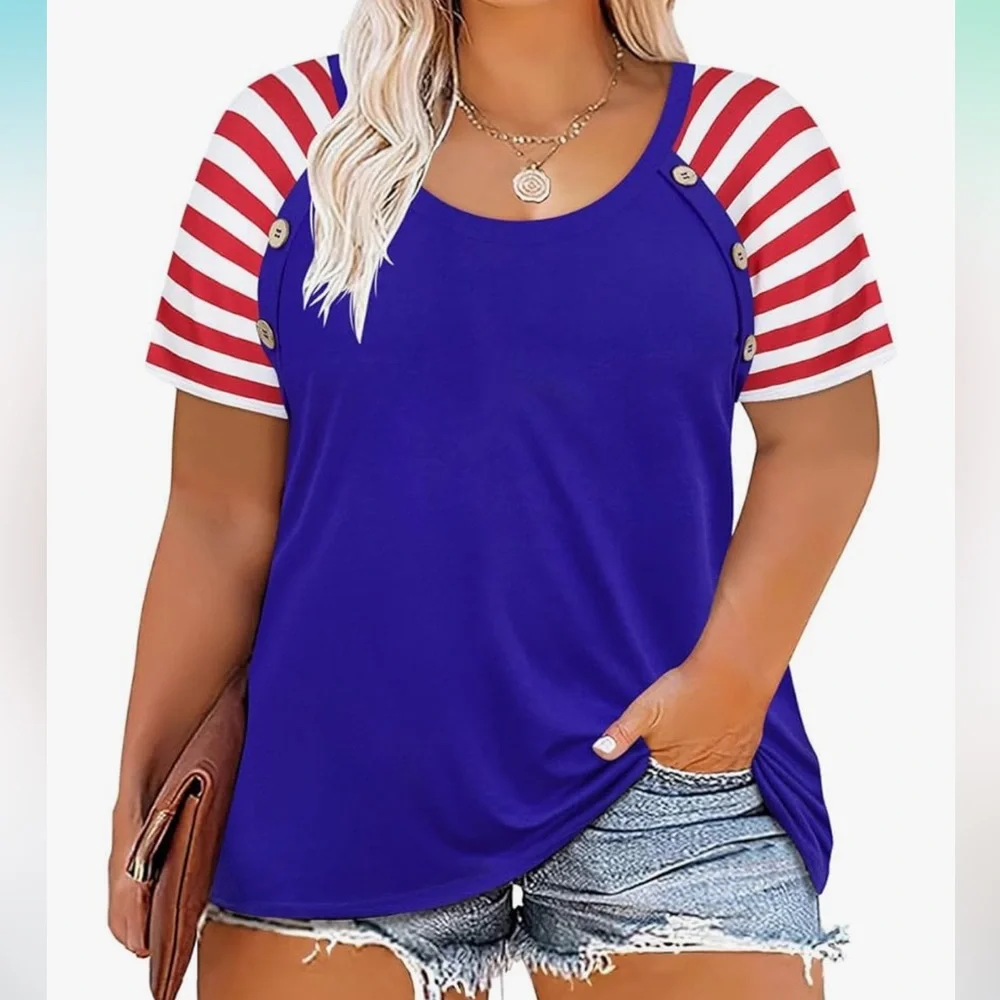 Red White Blue Patriotic Women’s Shirt Stripe Sleeves Colorblock Tunic XL NEW - Picture 7 of 7